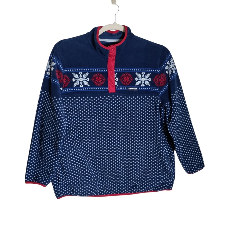 Lands End Womens 1X Fleece Pullover Navy Polka Dot Fair Isle Snowflake Snap Neck